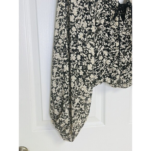 Mable Black Beige Floral Rouched Cropped Top Medium M Balloon Sleeve - Picture 3 of 9